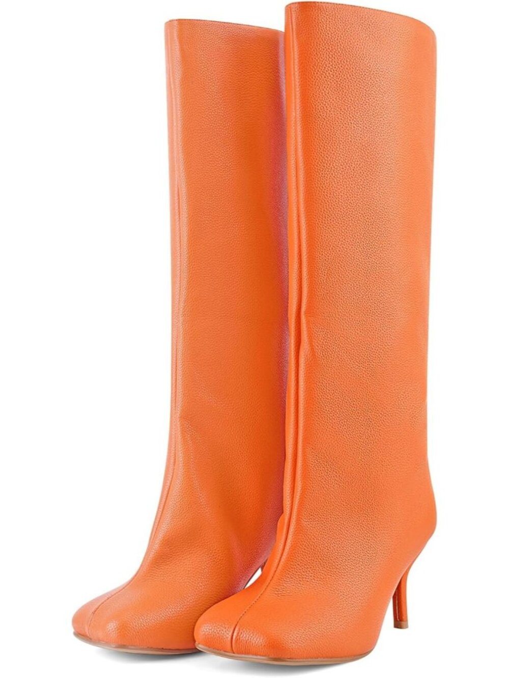 Women's Orange Lychee Comfortable Pull On Stiletto Heels Square Toe Long Booties
